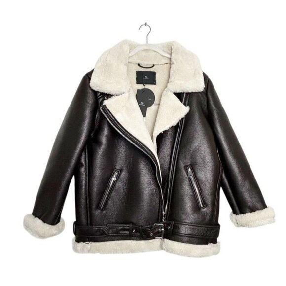 WITHBLACK Women's Faux Leather Shearling Aviator Jacket in Black - Sz M - NWT - Picture 2 of 11